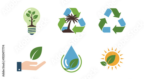 Eco-friendly icons representing sustainability, recycling, and green energy concepts