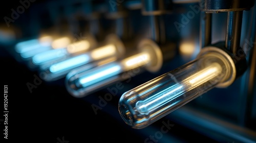 A row of glowing scientific glass tubes emitting blue and yellow light in a dark high tech laboratory