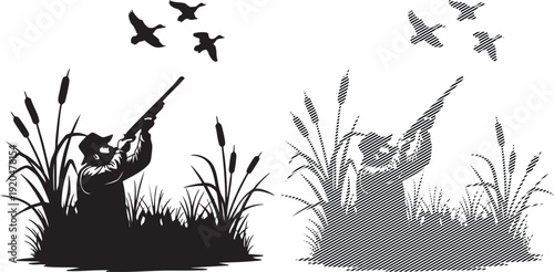 Silhouette of a hunter aiming a shotgun at flying ducks over reeds and cattails, two styles shown
