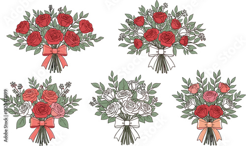 Collection of hand drawn rose flower bouquets with green leaves and elegant ribbons in vintage sketch style for wedding and romantic design
