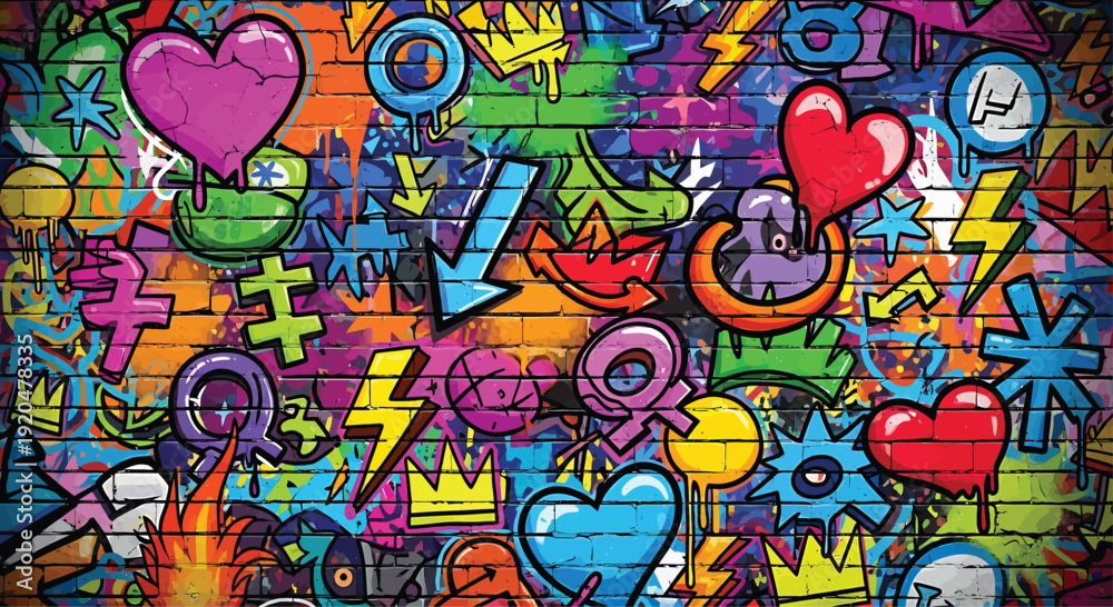 Fototapeta premium Colorful Graffiti Symbols on Brick Wall
