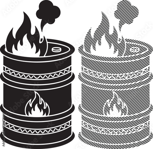 Two black and white illustrations of burning oil drums on white background
