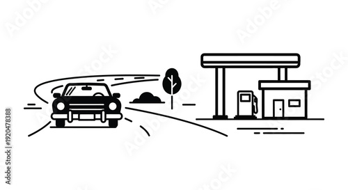 A linear illustration depicts a car approaching a gas station on an open road showcasing a striking silhouette high quality professional