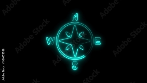Foto Cyan Neon Compass Rose with Cardinal Directions on Black navigation north