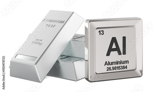 Aluminum ingots with Al periodic table tile element symbol. 3D rendering