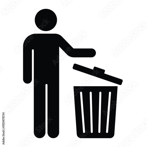 Black silhouette icon showing a person disposing of waste in a trash can with an open lid. Professional graphic for sanitation and housekeeping.