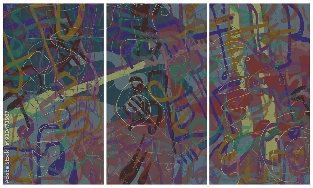 Obraz premium Modern interior triptych. The picture is painted by hand on a tablet.