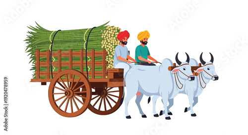 A colorful illustration depicts farmers with a bullock cart loaded with sugarcane showcasing a distinct silhouette high quality professional detailed modern