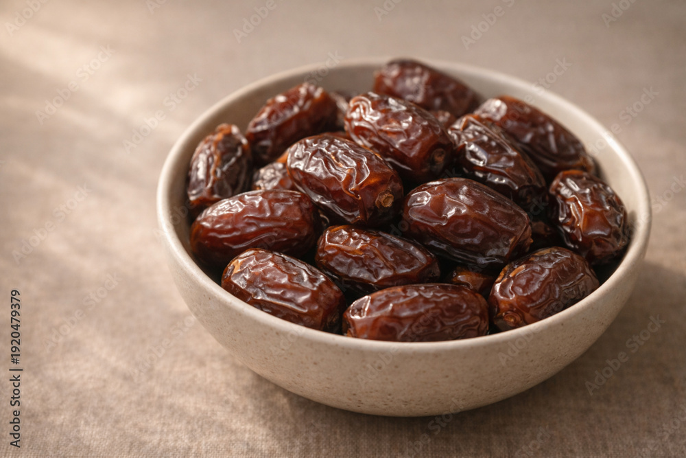 Obraz premium A bowl of dates placed on a textured brown surface, captured from a slightly elevated viewpoint