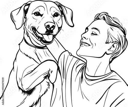 Modern minimalist contour art of a dog playfully biting sleeve of human in friendly way, no aggression, white background