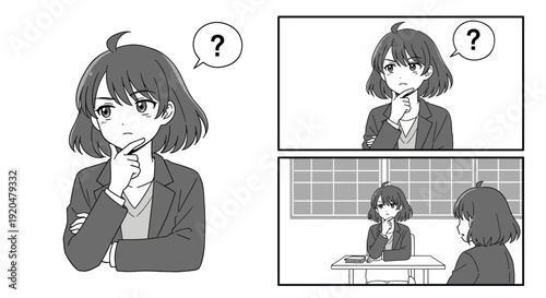 An illustration of a thoughtful woman in business attire, representing contemplation and decision-making.