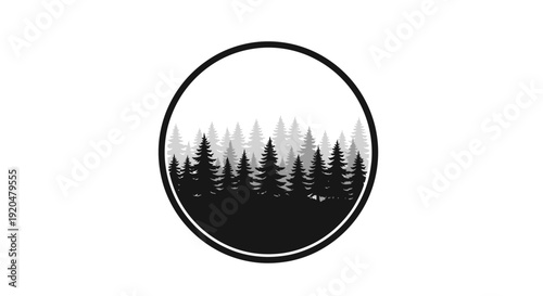 Black Silhouette Forest Trees in Circle Logo.