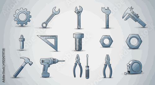 Tools Collection: Gear, Wrenches, Hammer, Drill, Pliers