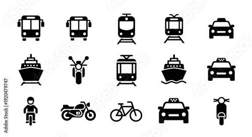 Transportation Icons: Bus, Train, Ship, Bike, Motorcycle