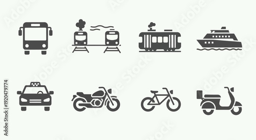 Transportation Icons: Bus, Train, Taxi, Boat, Bike