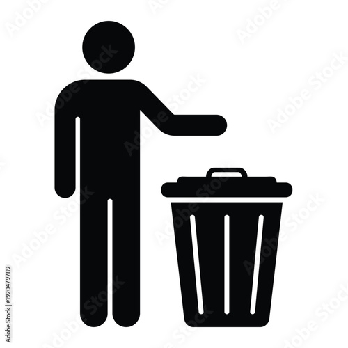 Black silhouette icon showing a person disposing of waste in a trash can with an open lid. Professional graphic for sanitation and housekeeping.