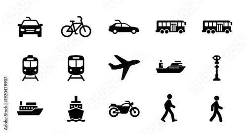 Transportation Icons Set: Car, Bike, Bus, Train, Plane, Ship