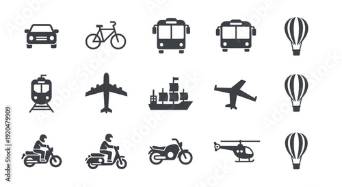 Transportation Icons Set: Car, Bike, Bus, Plane, Ship