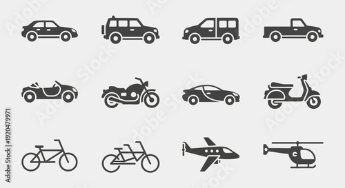 Transportation Icons Set: Car, Bike, Plane, Helicopter