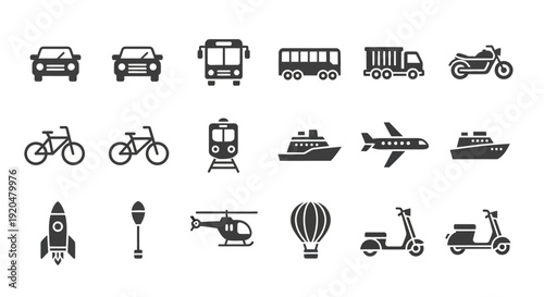 Transportation Icons Set: Car, Bus, Bike, Train, Plane
