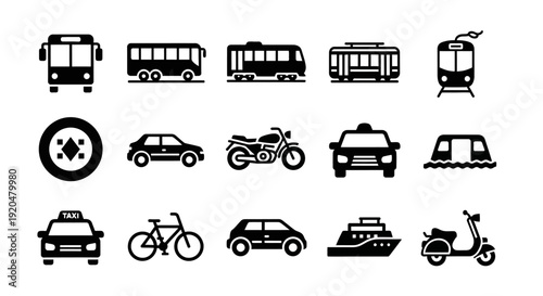 Transportation Icons Set: Car, Bus, Bike, Ship, Train