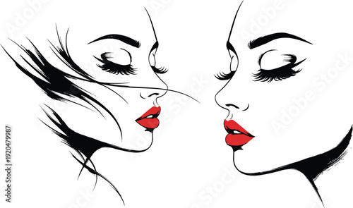 Two Stylized Female Faces in Profile with Red Lips and Black Hair Details