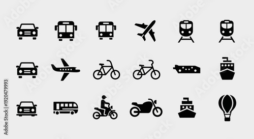 Transportation Icons Set: Car, Bus, Plane, Train, Bike