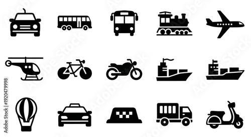 Transportation Icons Set: Car, Bus, Train, Airplane, and More