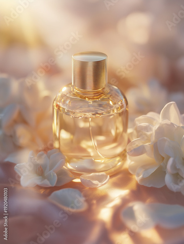 Perfume on a beige background in the rays of bright sun with flowers and beautiful highlights.