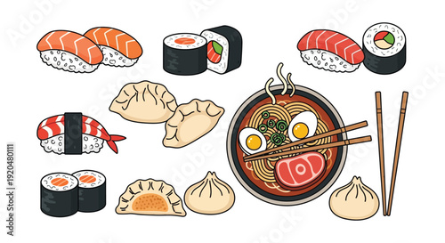 Colorful assortment of japanese cuisine including sushi ramen dumplings and maki rolls presented as a flat illustration silhouette high quality professional