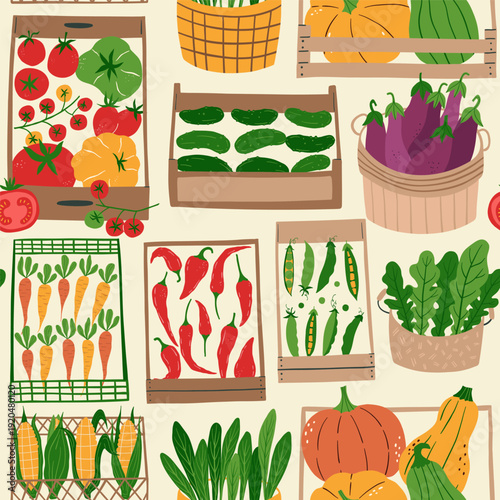 Seamless pattern with wooden crates of fresh farmers market vegetables including tomatoes, carrots, peppers, peas, pumpkins, corn and leafy greens in rustic farm style. For kitchen towels, tablecloths