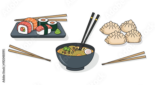A colorful assortment of japanese cuisine including sushi ramen dumplings and chopsticks presented as a silhouette high quality professional detailed modern