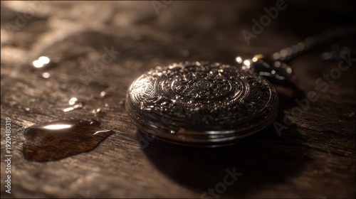 Close-up of an antique pocket watch on a wooden surface.