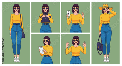 Illustration showing a woman in blue jeans and white sneakers, presenting a casual and modern urban lifestyle, ideal for fashion or lifestyle content.