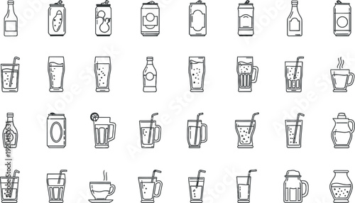 Collection of 25 various cocktail recipes illustrated in black and white isolated on transparent background