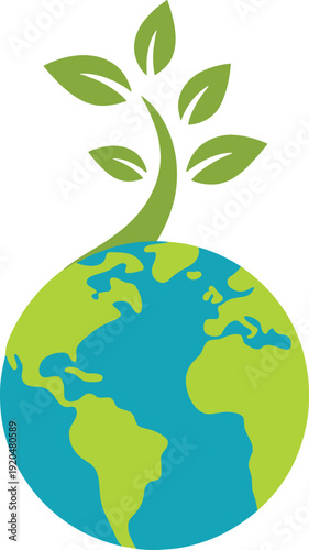 Green plant sprout growing out of blue and green globe earth