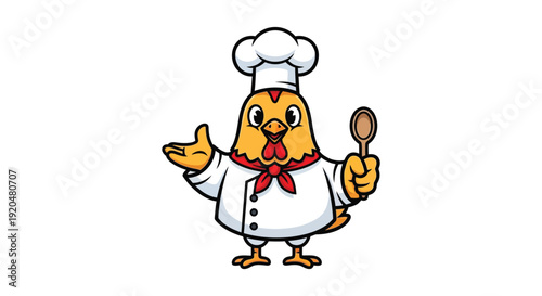 A cheerful cartoon chicken chef character stands with a wooden spoon giving a thumbs up silhouette high quality professional detailed