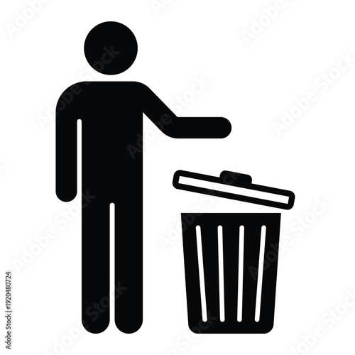 Black silhouette icon showing a person disposing of waste in a trash can with an open lid. Professional graphic for sanitation and housekeeping.