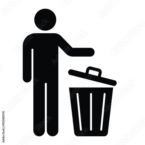 Black silhouette icon showing a person disposing of waste in a trash can with an open lid. Professional graphic for sanitation and housekeeping.