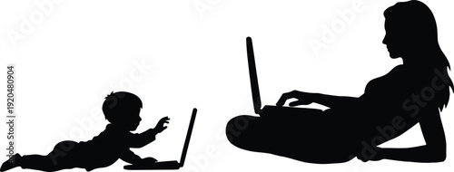 Silhouette of woman and baby using laptops computer