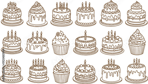 Collection of 16 unique birthday cakes isolated on transparent background