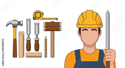Construction tools including a hammer level and measuring tape alongside a worker in a distinct silhouette high quality professional detailed modern