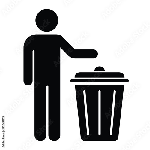 Black silhouette icon showing a person disposing of waste in a trash can with an open lid. Professional graphic for sanitation and housekeeping.