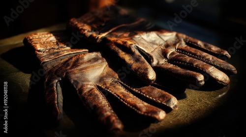 Close-up of a pair of worn leather gloves.
