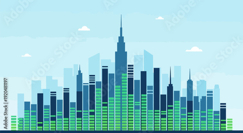 City Skyline with Tall Buildings and Spire.