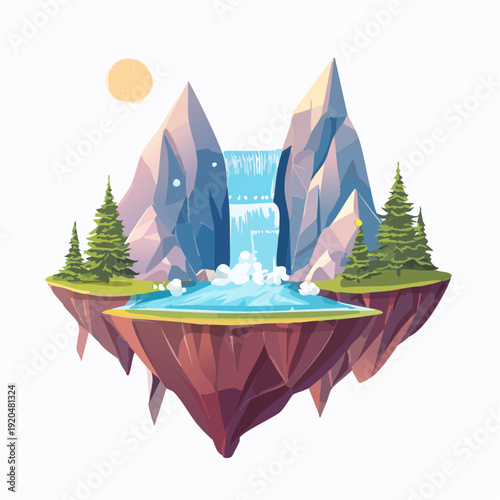Floating islands with a waterfall and pine trees in a vibrant natural landscape