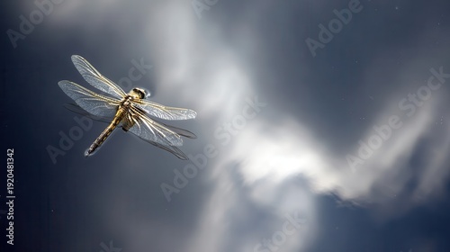 Dragonfly in flight, reflected on a calm surface.