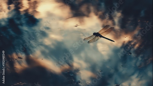 A dragonfly soars above a surface reflecting clouds.