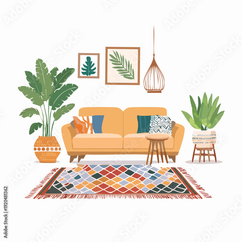 Cozy Living Room Decor with Plants, Sofa, and Colorful Rug