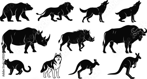 Wild animal silhouettes vector illustration set with bear lion wolf rhino buffalo kangaroo isolated on white background